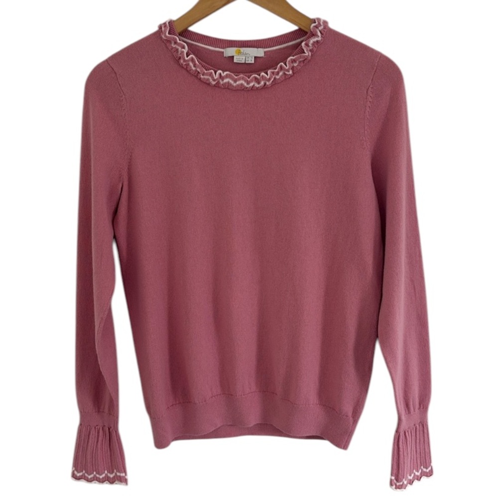Boden Pink Ruffle Crew Neck Sweater